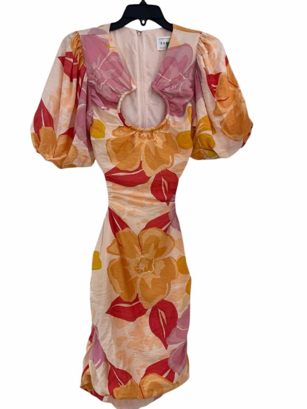 SABO Peach, Pink and Yellow Floral Cutout Puff Sleeve Midi Dress